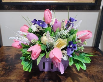Pink and Purple Tulip Centerpiece: Spring Floral, Easter Arrangement, Gift for Mom