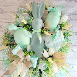 Bunny Wreath, Flocked Bunny Door Wreath, Easter Bunny Wreath, Easter Decorations, Mint Green Bunny Door Wreath, Spring Door Wreath
