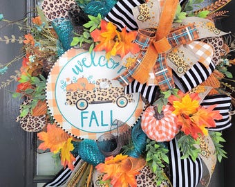 Leopard Pumpkin Fall Wreath: Teal & Orange Autumn Door Decor