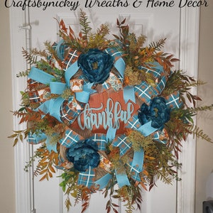 Teal and Orange Fall Wreath, Fall Wreath for Front Door, Farmhouse Pumpkin Wreath, Fall Pumpkin Wreath, Farmstyle Porch Decorations