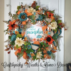 Fall Wreath with Teal and Orange, Fall Wreath, Fall Wreath for Front Door, Farmhouse Fall Wreath, Farmstyle Porch Decorations