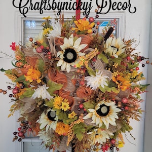 Fall Sunflower Wreath, Farmhouse Fall Wreath, Fall Outdoor Wreaths, Beige & Yellow Fall Wreath, Fall Floral Wreath, Thanksgiving Wreath