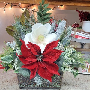 Red Poinsettia and white magnolia Christmas Centerpiece, Christmas Centerpiece for Table, Christmas Arrangement in a Antique Planter