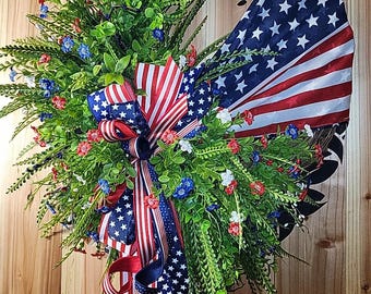 Patriotic Grapevine Wreath for Front Door, July 4th Red White Blue Floral Door Decor