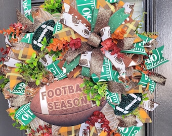Football Fall Wreath, Game Day Door Decor, football wreath, brown and green