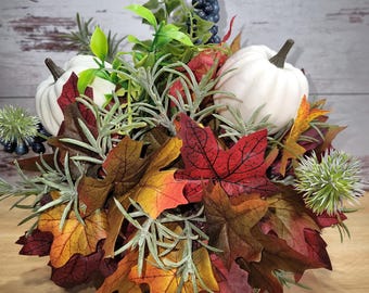 Small Fall Floral Lantern Centerpiece, White pumpkins, eucalyptus & greenery, Thanksgiving Arrangement