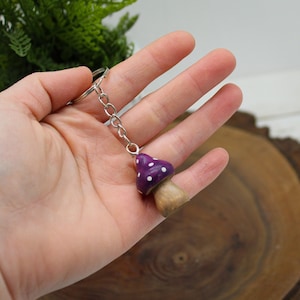 Wooden Mushroom Keychain, Miniature Mushroom Gift, Tiny Purple Mushroom Keyring, Cottagecore Keychain, Keychain for Keys,