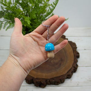 Wooden Mushroom Keychain, Miniature Mushroom Gift, Tiny Blue Mushroom Keyring, Cottagecore Keychain, Keychain for Keys,