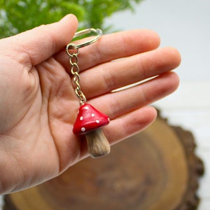 Wooden Mushroom Keychain, Miniature Mushroom Gift, Tiny Red Mushroom Keyring, Cottagecore Keychain, Keychain for Keys, Mushroom Accessories