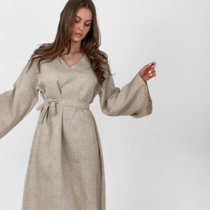 Linen midi length dress, V-neck dress , Vintage inspired linen dress,Linen dress with sleeves,beige linen