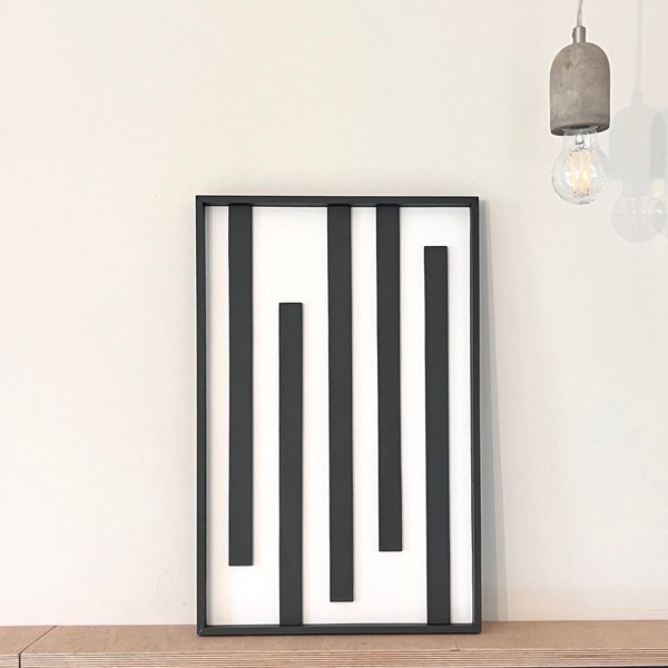 3D wooden picture, relief structure picture, 3D wall picture wood, modern wall picture large, 37 x 56.5 cm, wooden artwork, stripes, wall art, black, white