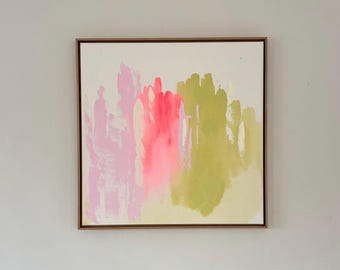 Quadro moderno minimalista astratto dipinto a mano, colorato, su tela con cornice galleggiante in legno massello, 80 x 80 cm