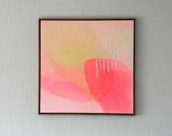 Quadro moderno minimalista astratto dipinto a mano, colorato, su tela con cornice galleggiante in legno massello, 80 x 80 cm