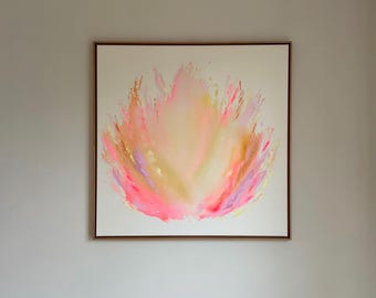 Quadro moderno minimalista astratto dipinto a mano, colorato, su tela con cornice galleggiante in legno massello, 100 x 100 cm