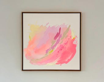 Quadro moderno minimalista astratto dipinto a mano, colorato, su tela con cornice galleggiante in legno massello, 80 x 80 cm