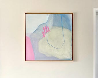 Quadro moderno minimalista astratto dipinto a mano, colorato, su tela con cornice galleggiante in legno massello, 80 x 80 cm