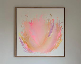 Quadro moderno minimalista astratto dipinto a mano, colorato, su tela con cornice galleggiante in legno massello, 80 x 80 cm