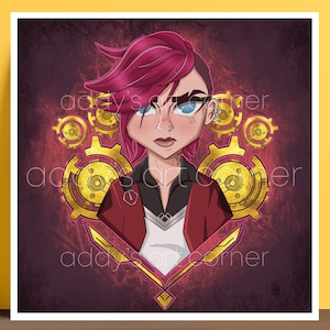 May include: Square print featuring a stylized illustration of a character with pink hair and blue eyes, wearing a red jacket and white shirt. Gold gears and the text "addy's corner" are in the background. The print is displayed on a wooden surface.