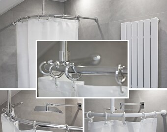 Curved shower bar with ceiling hook and hooks different sizes