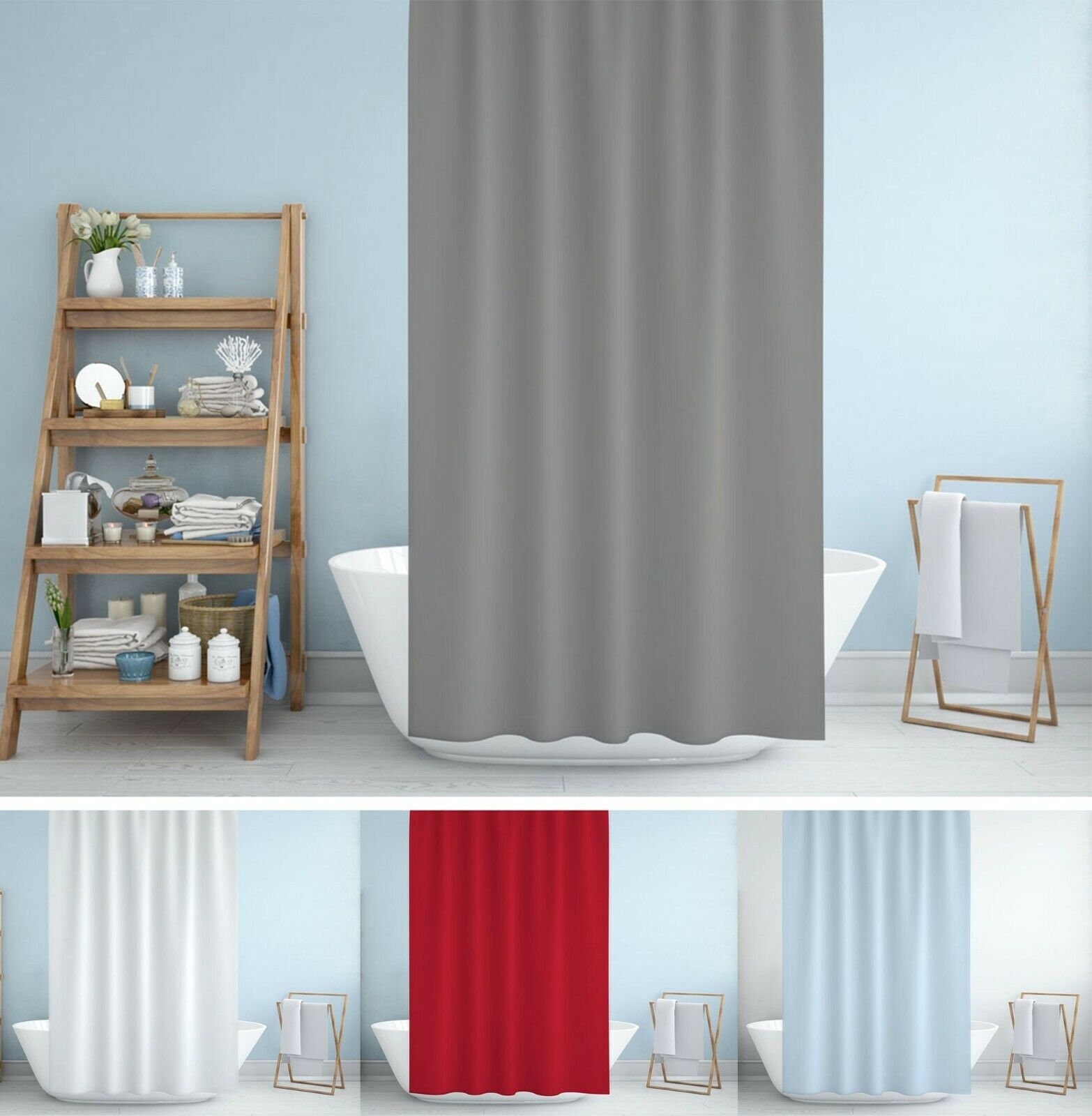 Rideau de Douche en Tissu Extra Long Blanc, Bleu, Gris ou Rouge 180 X 200cm