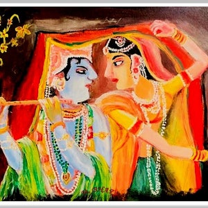 May include: An oil painting depicts two figures in traditional Indian attire. One figure, with blue skin, holds a flute. The other figure, adorned with jewelry, reaches towards the first. The artwork features vibrant colors and intricate details.