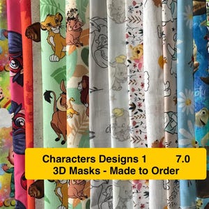 Könnte beinhalten: Eine Auswahl an Stoffbahnen mit Mustern, die Cartoon-Charaktere wie Sesame Street und Disney-Figuren zeigen. Das Bild enthält ein gelbes Banner mit dem Text "Characters Designs 1 7.0 3D Masks - Made to Order."