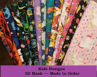 Kids Designs ~~ All Sizes ~~ 100% Cotton 3 Layer Handmade 3D Mask  ~~  Made to Order