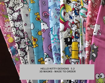 H KITTY and Friends Designs ~~ Todos os tamanhos ~~ Máscara 3D feita à mão com 3 camadas 100% algodão ~~ Feito sob encomenda