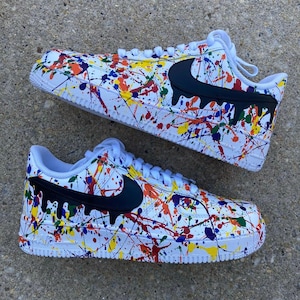 Air Force 1 Custom White Shoes  "All Color Splatter" Black Swoosh Drip Painted Sneakers Men Womens Kids Baby All Sizes Made to Order