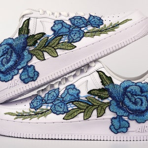 Nike Air Force 1 Custom Low Blue Rose Flower Floral Design White Shoes All Sizes Women&#39;s Men&#39;s & Kids