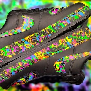 Air Force 1 Custom Black Shoes "Rainbow Tie Dye Neon Splatter" Mens Womens Kids Baby All Sizes Made to Order