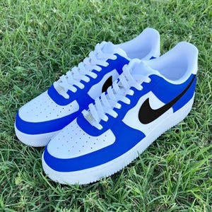 Air Force 1 Custom White Shoes Blue White Shoes Black Swooshes Retro Casual Painted Sneakers Mens Womens Kid Baby All Sizes Made to Order