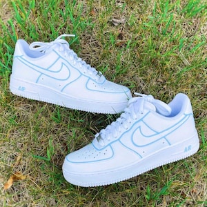 Air Force 1 Custom White Shoes  "Baby Blue Outline" Sketch Comic Cool Graffiti Art Sneakers Mens Womens Kids Baby All Sizes Made to Order