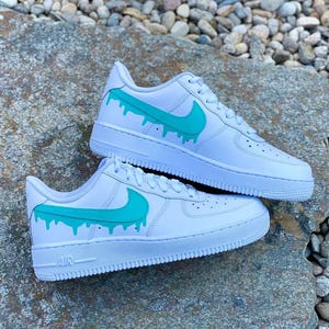 Air Force 1 Custom White Shoes Teal Blue Drip Swooshes Ocean Vibes Beach Sneakers Art Mens Womens Kids Baby All Sizes Made to Order AF1
