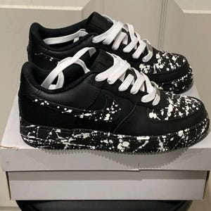 Air Force 1 Custom Black Shoes Retro "Black & White Shoelaces Splatter" Athletic Mens Sneakers Womens Kids Baby All Sizes Made to Order