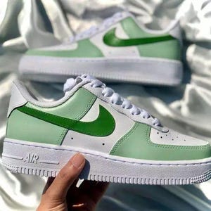 Air Force 1 Custom White Shoes Sage Dark & Light Green Two Tone Casual Retro Painted Sneakers Mens Womens Kids Baby All Sizes Made to Order