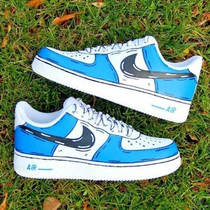 Air Force 1 Cartoon Custom White Shoes Sky Blue Outline Retro Black Swoosh Painted Sneakers Mens Womens Kids Baby All Sizes Made to Order