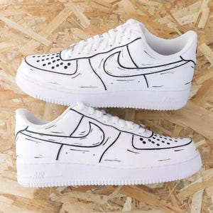 Air Force 1 Cartoon Custom White Shoes Black Outline Art Sneakers Retro Hand Painted Sneakers Mens Womens Kids Baby All Sizes Made to Order