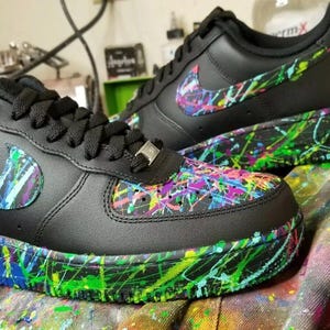 Air Force 1 Custom Black Shoes Retro Splatter Art 'Glowing Neon Splatter' Blue Green Purple Pink Womens Kids Baby All Sizes Made to Order