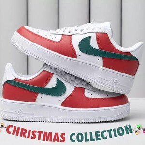 Air Force 1 Custom White Shoes Green Red White Shoes Xmas "Christmas Holiday" Painted Sneakers Mens Womens Kids Baby All Sizes Made to Order