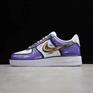 Air Force 1 Cartoon Custom White Shoes Grape Purple Cartoon Metallic Gold Swooshes Hand Painted Sneakers Mens Womens Kids Baby Made to Order