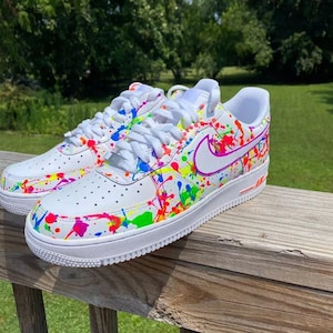 Air Force 1 Custom White Shoes Fiery Neon" Splatter Graffiti Painted Sneakers Mens Womens Kids Baby All Sizes Made to Order