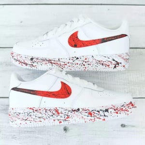 Air Force 1 Custom White Shoes Sneakers Red Black Splatter Swooshes Effect Retro Art Painted Mens Womens Kids Baby All Sizes Made to Order