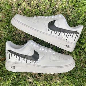 Air Force 1 Custom White Shoes Black Drip Swooshes Sneakers Art Mens Womens Kids Baby All Sizes Made to Order AF1