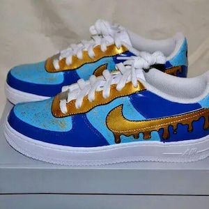 Air Force 1 Custom White Shoes Teal Blue Graffiti Gold Metallic Drip Swooshes Hand Painted Sneakers Mens Womens Kids Baby Made to Order