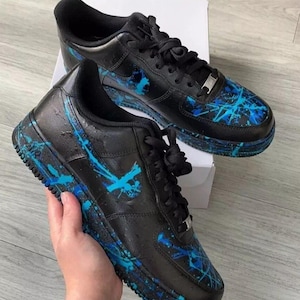 Air Force 1 Custom Black Shoes Retro "Fierce Teal Light Blue Splatter" Mens Sneakers Womens Kids Baby All Sizes Made to Order