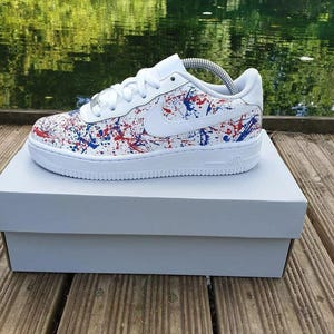 Air Force 1 Custom White Shoes Sneakers "Red White & Blue Splatter" USA Graffiti Retro Mens Womens Kids Baby All Sizes Made to Order