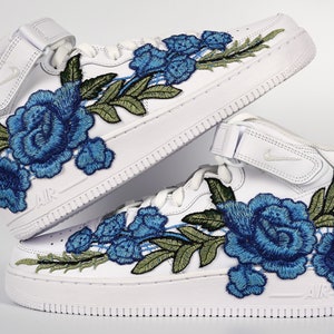 Nike Air Force 1 Custom Mid Blue Long Rose Flower Floral White Shoes All Sizes Mens Womens & Kids