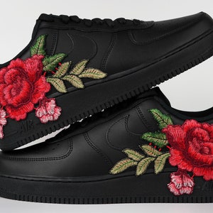 Nike Air Force 1 Custom Low Red Rose Flower Floral Design Black Shoes All Sizes Women&#39;s Men&#39;s & Kids
