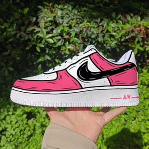 Air Force 1 Cartoon Custom White Shoes Cartoon 'Hot Pink Black Swoosh' Retro Sneakers Painted Sneakers Mens Womens Kids Made to Order